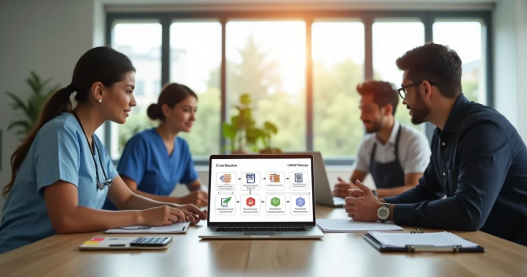 Empreendedores variados analisam passo a passo de abertura de CNPJ na tela de um notebook