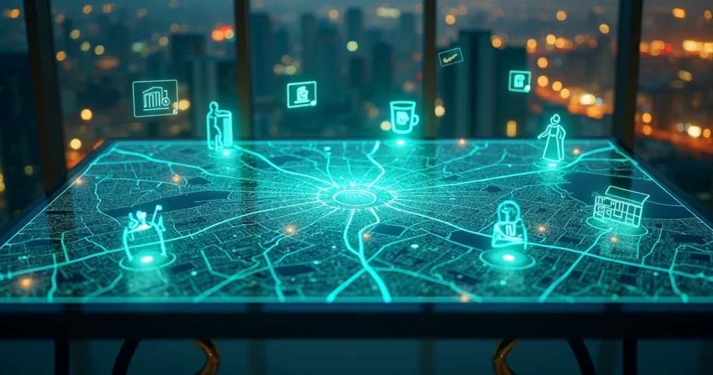 Mapa estilizado de São Paulo ligado a empresas de serviços com ícones de nota fiscal digital