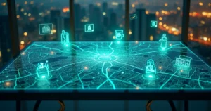 Mapa estilizado de São Paulo ligado a empresas de serviços com ícones de nota fiscal digital
