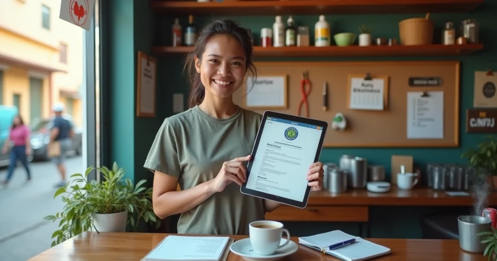 Microempreendedor organizando pedidos em pequena loja de bairro com tablet
