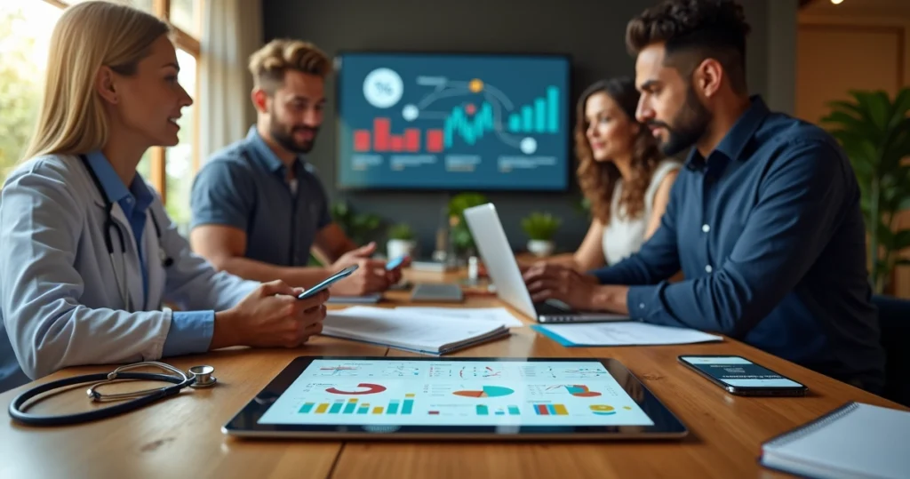 Profissionais de serviços em coworking analisando relatórios financeiros em tablets e gráficos digitais