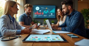 Profissionais de serviços em coworking analisando relatórios financeiros em tablets e gráficos digitais